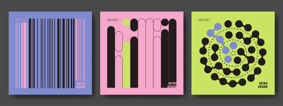 Abstract retro brutalist design posters with geometric patterns - minimalist compositions with circles, lines and metaball shapes on vibrant bg. Modern graphic art collection for branding presentation