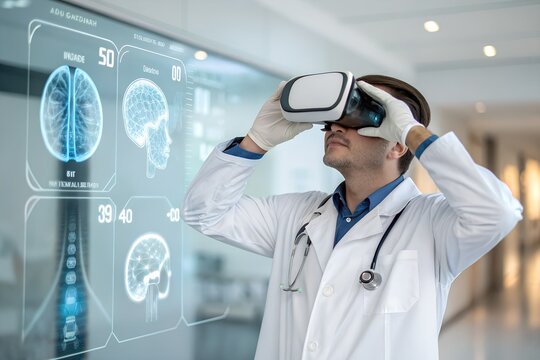 Doctor using VR headset for AI-powered medical diagnosis and virtual health data visualization with futuristic technology in healthcare.