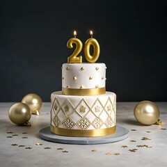 Elegant two tiered 20th birthday cake with gold accents