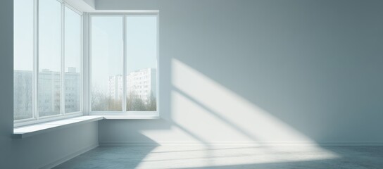 Obraz premium Bright, empty room with a bay window, sunlight casts shadows