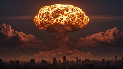 Nuclear explosion mushroom cloud over city skyline at dusk dramatic sky - Powered by Adobe