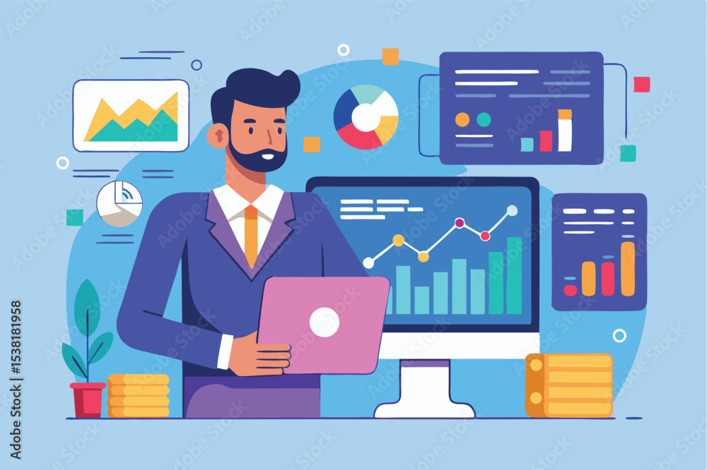 Poster businessman analyzing data on computer with charts and graphs in modern office space