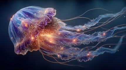 Fototapeta premium Luminous Jellyfish with Glowing Tentacles in Deep Ocean
