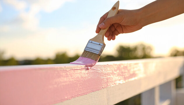 Painting the dream: a hand paints a fence with a brush and pink paint with outdoor sunny scene.  - Powered by Adobe