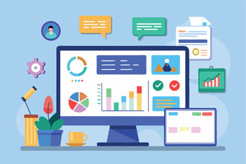 Analytics dashboard displaying metrics and data visualizations in a modern office setting