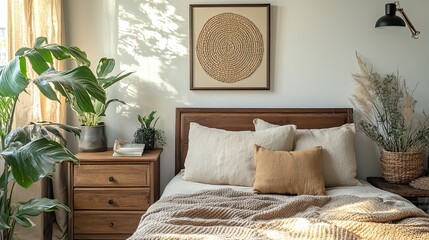 Obraz premium An inviting bedroom sanctuary filled with sunlight and lush greenery offering a sense of calm and relaxation with soft