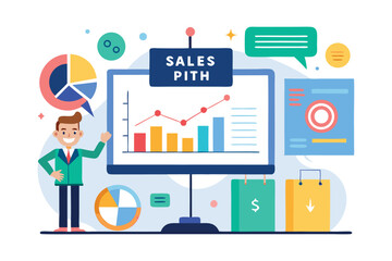 Business professional presents sales data analysis with colorful charts and graphs in a modern office setting