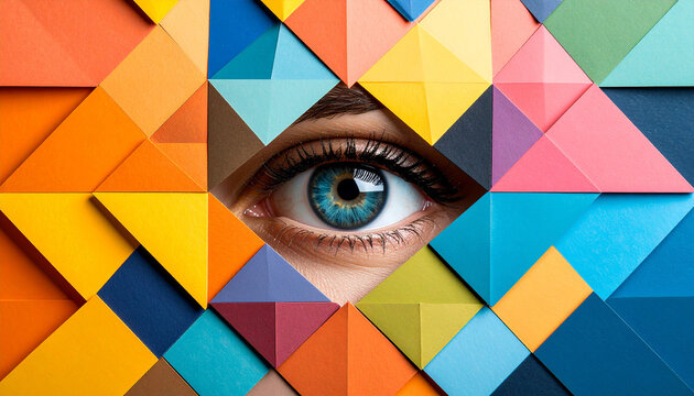 Vision's Kaleidoscope: A human eye, vibrant and expressive, peers through a kaleidoscopic array of colorful geometric shapes, representing the multifaceted nature of perception and insight. 