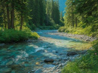 Obraz premium Serene mountain river flowing through lush forest
