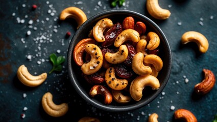 Naklejka premium Close-up top view of salted, pan-fried cashew nuts with pepper flavor in a bowl