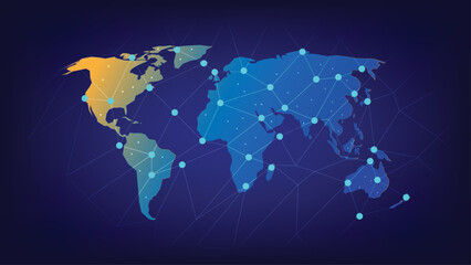 Global Network Connection Abstract World Map with Interlinked Nodes