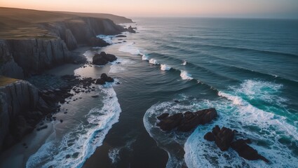 Fototapeta premium Aerial drone view of Atlantic Coast with dramatic rugged rocky coastline, waves crashing against rocks at sunrise, beach