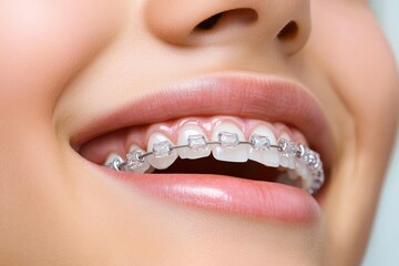 Obraz premium Radiant Close-Up of a Cheerful Young Woman Smiling Brightly With Clear Braces and Perfect Teeth