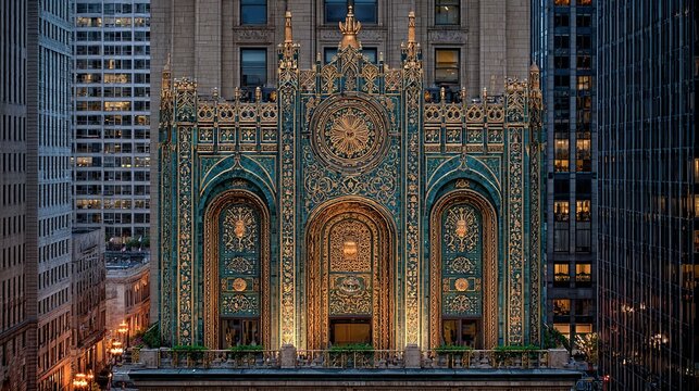 Ornate facade of a building, with teal and gold decorative panels, arched entryway, and clock.  Surrounding modern skyscrapers - Powered by Adobe