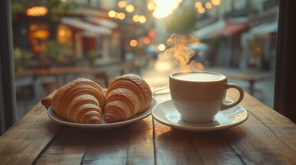 Cozy Parisian Cafe Real Aesthetic Wallpaper Background with Croissants and Coffee