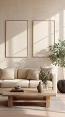 Minimalist living room with beige sofa, wooden coffee table, and natural light streaming through the window.