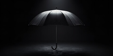 Black Umbrella Under Spotlight on Dark Background &ndash; Dramatic Protection and Abstract Conceptual Art