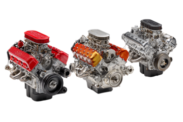 Three custom car engines isolated on transparent background