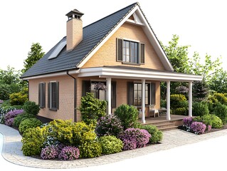 Modern suburban house with brick exterior, gable roof, front porch, surrounded by lush greenery and colorful flower beds in a peaceful neighborhood