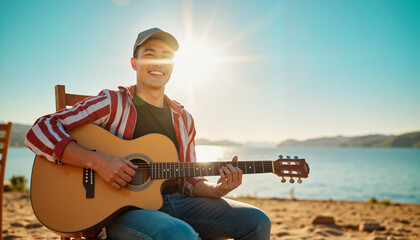 Young man playing guitar and smiling by the beach at sunset  