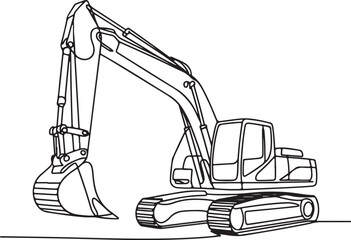 continuous line drawing of an excavator with articulated hydraulic arm in industrial style