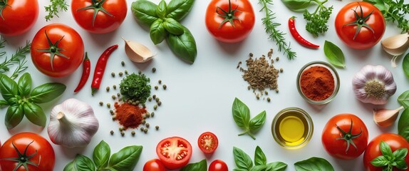 Fresh summer spicy herbs and spices for diet with tomatoes, basil, garlic, olive oil, and other ingredients. Vegan healthy food on white background. Cooking concept, top view, with space for text