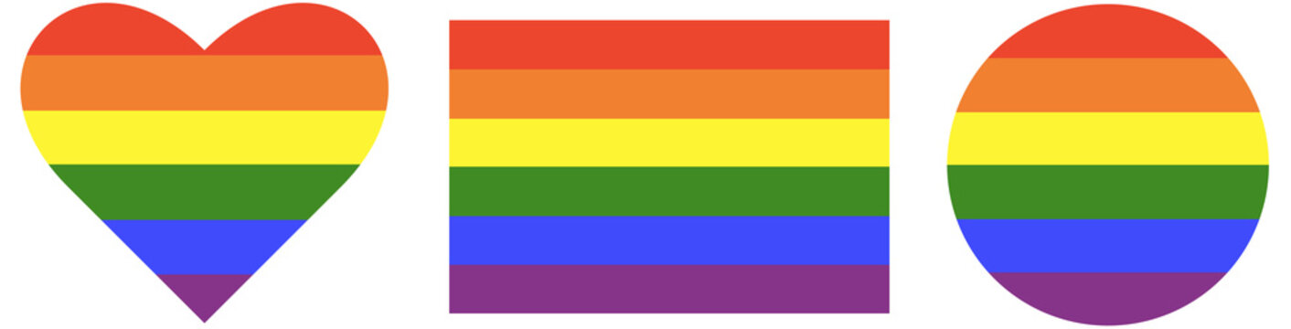 Set of stickers in rainbow colors. LGBT icons set. Gay pride progress logo heart symbols, rainbow flag and circle . Round, heart badge, button.