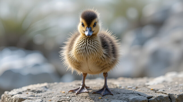 Duckling stands tall on stone, eyes fixed warily on viewer, feathers fluffed up, feathered, outdoors