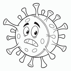 Cartoon virus illustration with worried expression, black and white line art