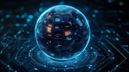 Futuristic Sphere with Circuit Board Patterns and Security Shield Featuring Hexagonal Elements