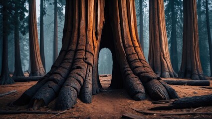 Dead old sequoia tree trunk with a pass-through hole, surrounded by trees, with empty space for text.