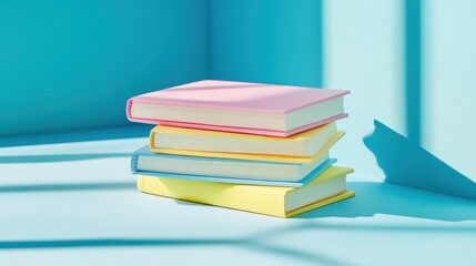 Stack of colorful books on a light blue surface.