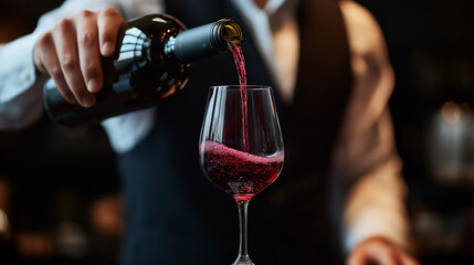 A professional waiter pours red wine into a glass indoors, closes it