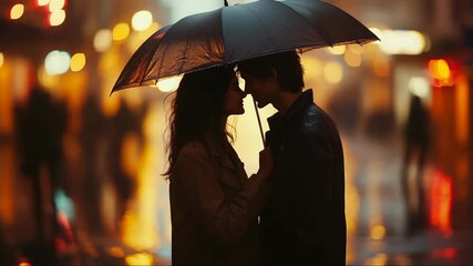 Romantic couple under umbrella in rainy city. Couple sharing tender moment under dark umbrella on rainy night. City lights create romantic atmosphere. Perfect image for romantic video projects. - Powered by Adobe