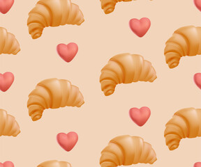 Croissant illustration background. Pastry seamless pattern for bakery, cafe or romantic travel. Croissant, sweet goods with hearts. Bread roll, french culture prints. 3D render style vector