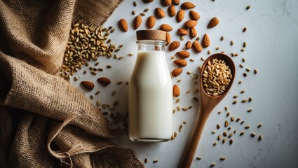 Almond milk in a bottle with a handful of grains and a wooden spoon with a burlap cloth on a light background. Top view