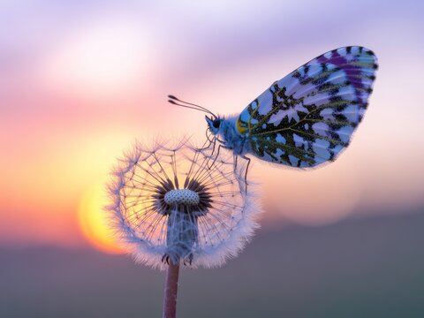 Fototapeta Butterfly on dandelion at sunset peaceful nature scene