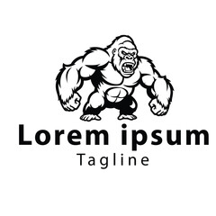 An illustration of a muscular gorilla is depicted in black and white, showing a fierce expression with bared sharp teeth. The gorilla is standing upright with clenched fists.