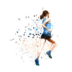 Run, marathon, running woman. Isolated low poly vector illustration of female runner with dispersion effect