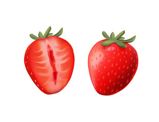 3d render vector strawberry icon. Set of red strawberries, half of strawberry, whole strawberry. Isolated on white background. 3D Stawberry icon red summer fruit, white background. Vector illustration