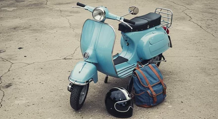 Fotobehang Vintage blue scooter with backpack and helmet on concrete ground   © Taniana Fomina
