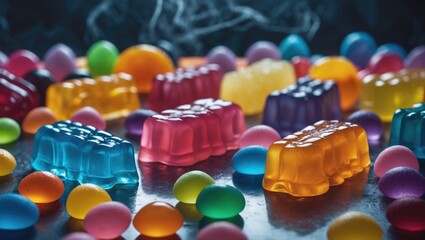 Delicious Jelly Candies, Multi-Colored Sweets on the Table with Various Shapes and Colors, Background of Assorted Candies, Empty Space for Text