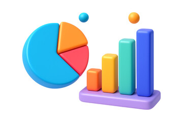 Colorful analytics icons featuring pie chart and bar graph, representing data visualization