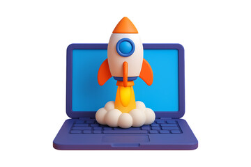 Rocket launch icon on laptop symbolizes innovation and technology