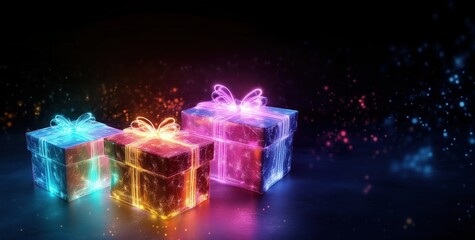 Three glowing neon gift boxes sit on a dark reflective surface against a black background filled with colorful, sparkling particles. Each box is wrapped in a glowing ribbon and bow.