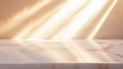 The image features a smooth marble surface with delicate veining, bathed in soft, golden sunlight streaming in from the top right. The background is a warm beige gradient with glowing light rays.