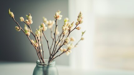 A minimalist arrangement of budding tree branches is placed in a matte glass vase on a white table. The background is softly blurred, blending shades of grey and white.