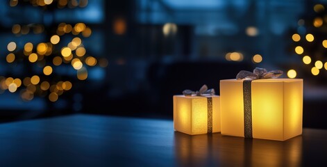 Two softly glowing gift boxes with shimmering silver ribbons are placed on a dark wooden surface. The Christmas gift, boxes, glowing, lights, bokeh, holiday, background is dark with warm bokeh lights.