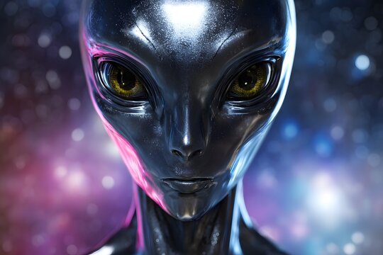 A close-up of a humanoid alien with a shiny, metallic skin and large, expressive eyes. The background features a colorful cosmic scene with stars and nebulae.