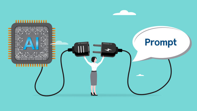 connecting prompts with AI chips to help get the job done, AI in companies to increase efficiency, businesswoman connect speech babble with AI chip idea to money concept vector illustration